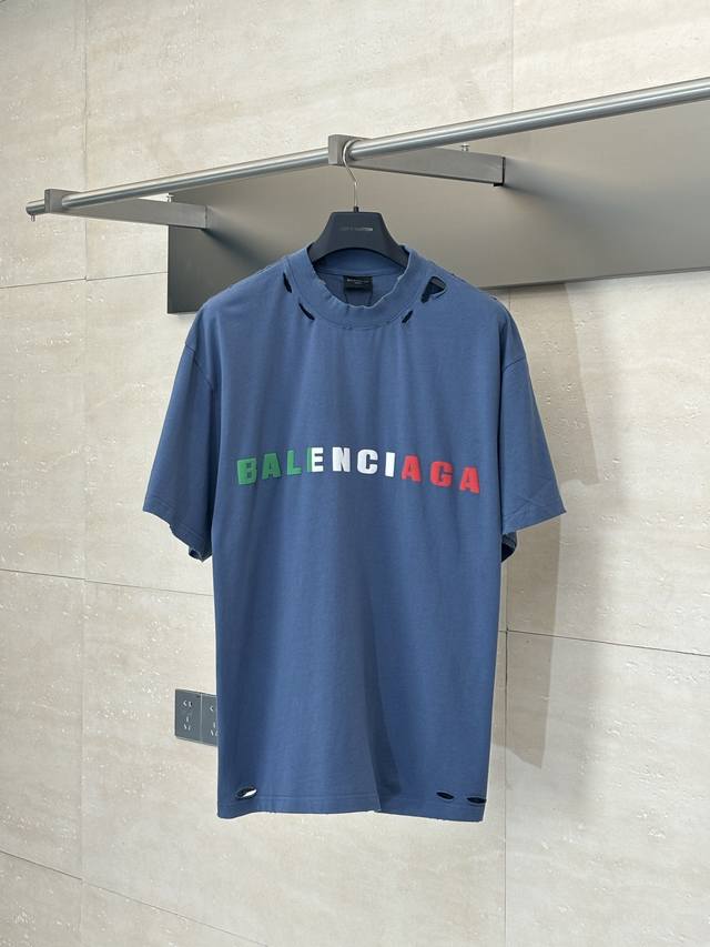 Balenciag* Paris Blcg Letters Foam Printed Ripped Washed Short Sleeves Using foa
