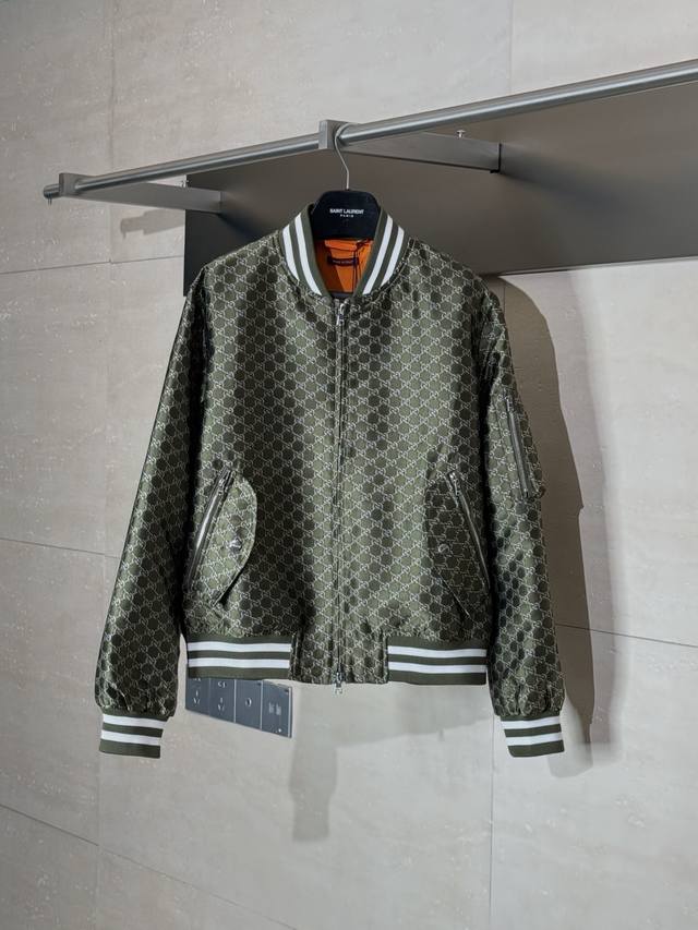 Gucc* Gucci Double G all-over long-sleeved zip-up bomber jacketEmbellished with