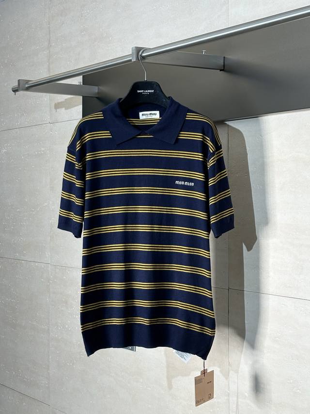 Miu Miu* Miu Miu 25Ss Wool Striped Polo Shirt is woven using the Shima Seiki Mfg