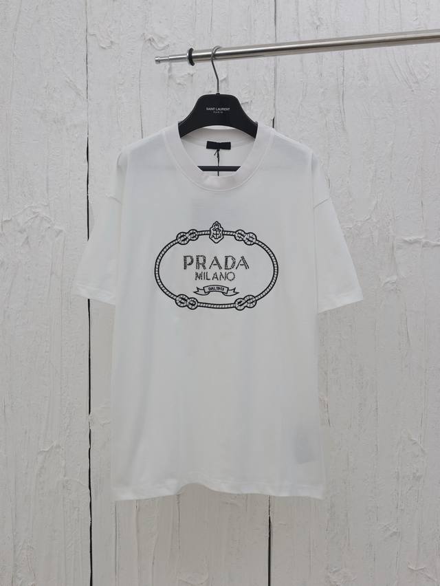 Prada* Prada 25Ss iconic Logo crown beaded embroidered letter short sleeves Made