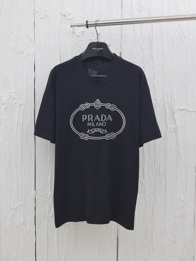 Prada* Prada 25Ss iconic Logo crown beaded embroidered letter short sleeves Made