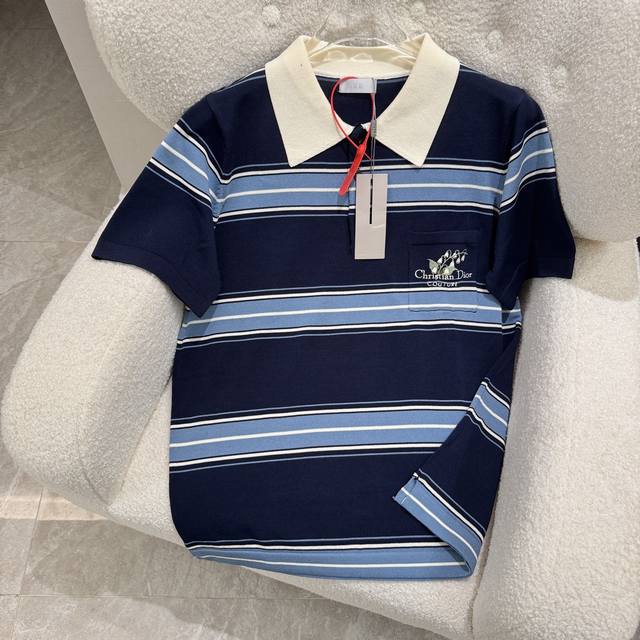 DiorDio*25Ss New embroidered lily of the valley lapel striped knitted short-slee