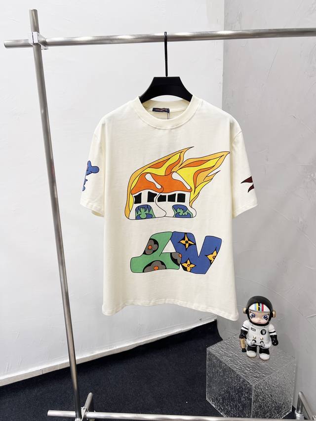 Style No. F41 Lv Lv Louis Vuitton locomotive flame print round neck short sleev