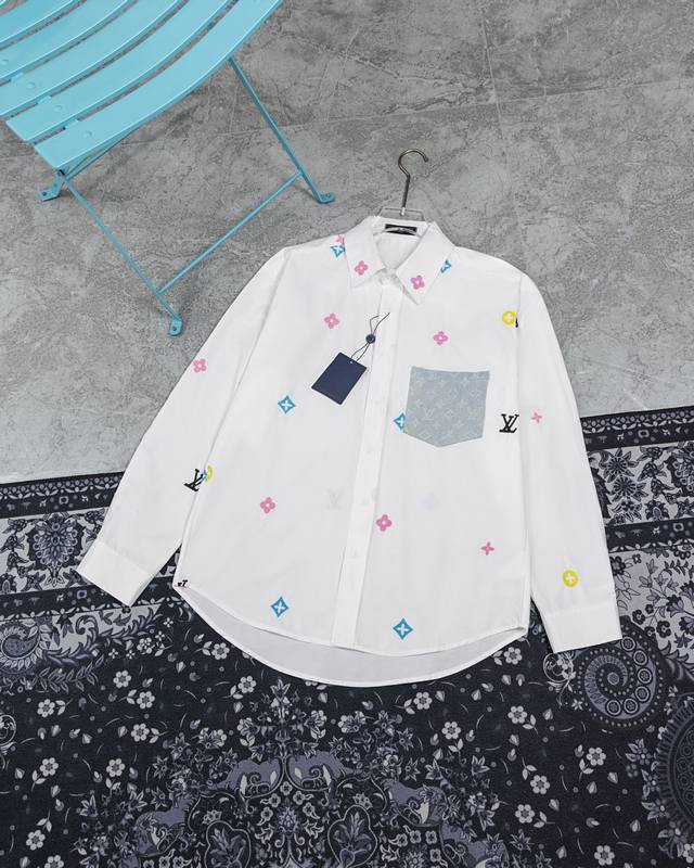 M725 Lv shirt Louis Vuitton pocket patch old flower embroidery white shirt jacke