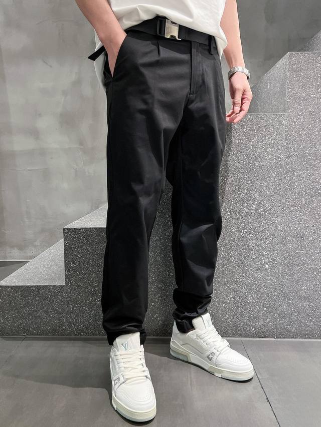 Pra25Ss cotton blended metal buckle belt casual pants, men's red rubber nameplat