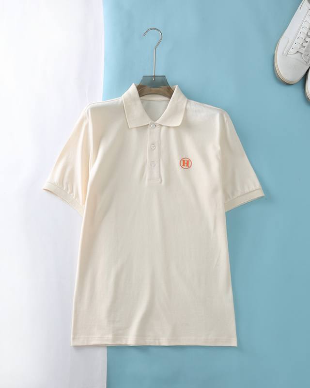 New He Emma 25Ss Summer new high-quality mesh beaded cotton lapel short T-shirt