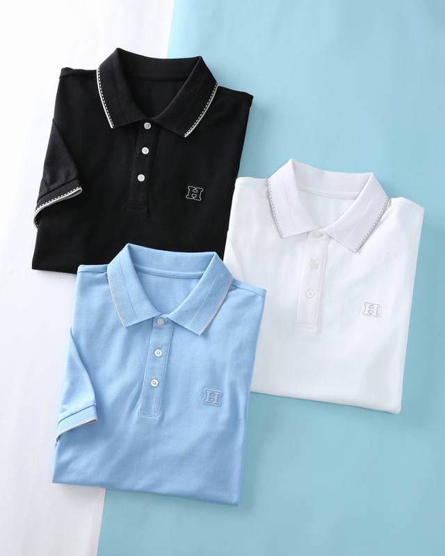 New He Emma* 20 25Ss Summer new high-quality mesh beaded cotton lapel short T-s