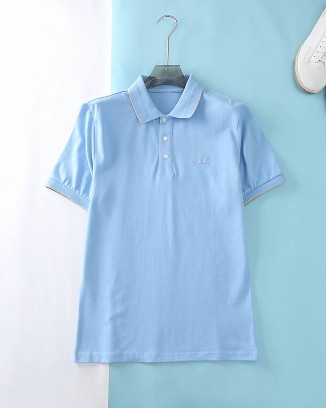 New He Emma* 2025Ss new summer high-quality mesh beaded cotton lapel short T-sh