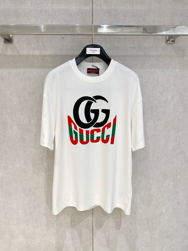 Gu~Double G Logo color printed men's outline short-sleeved T-shirt 2025 Spring a
