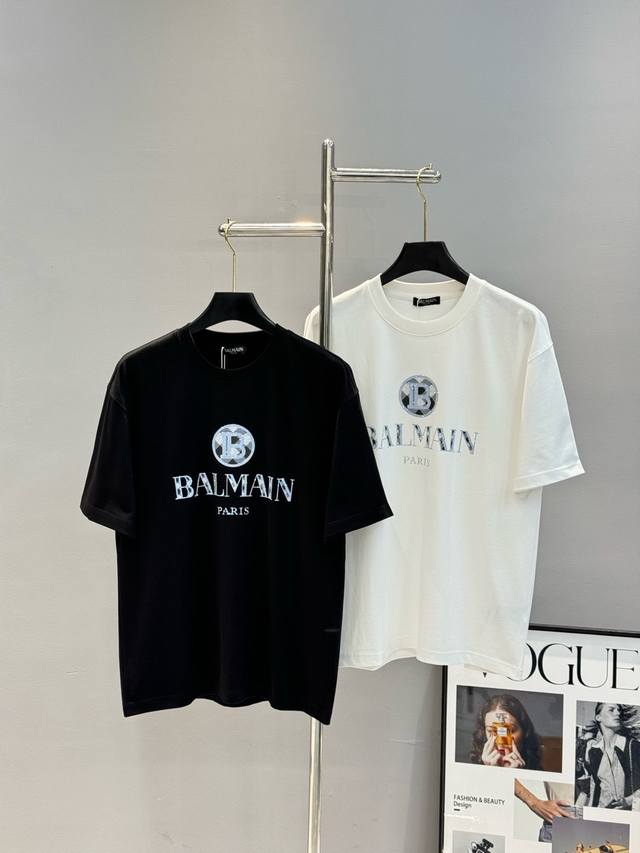 Balmai* Balmain 25S new round neck T-shirt! Unisex. Letter print on the chest wi