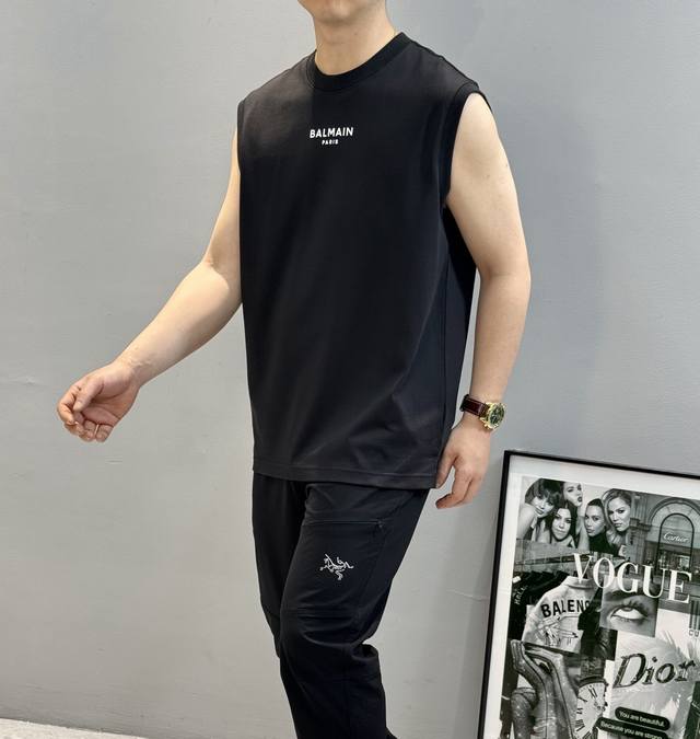 Balmani 2025S summer sleeveless vest. Classic printed silicone 3D logo embellish