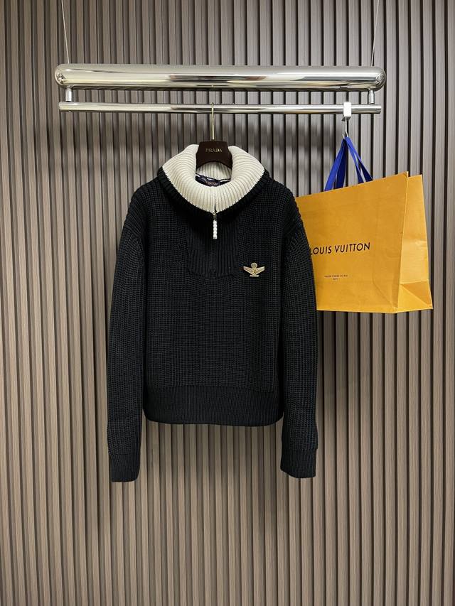 Lv 2025Ss Letter badge wool pilot half-zip sweater, cotton x wool golden ratio r