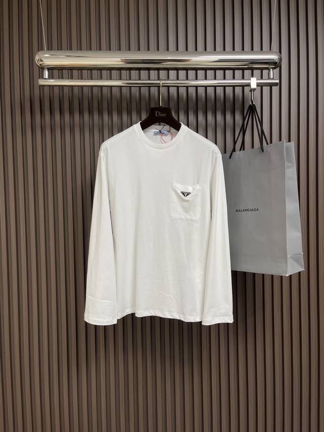 Prada triangle logo pocket long-sleeved T-shirt, custom made silky smooth cotton