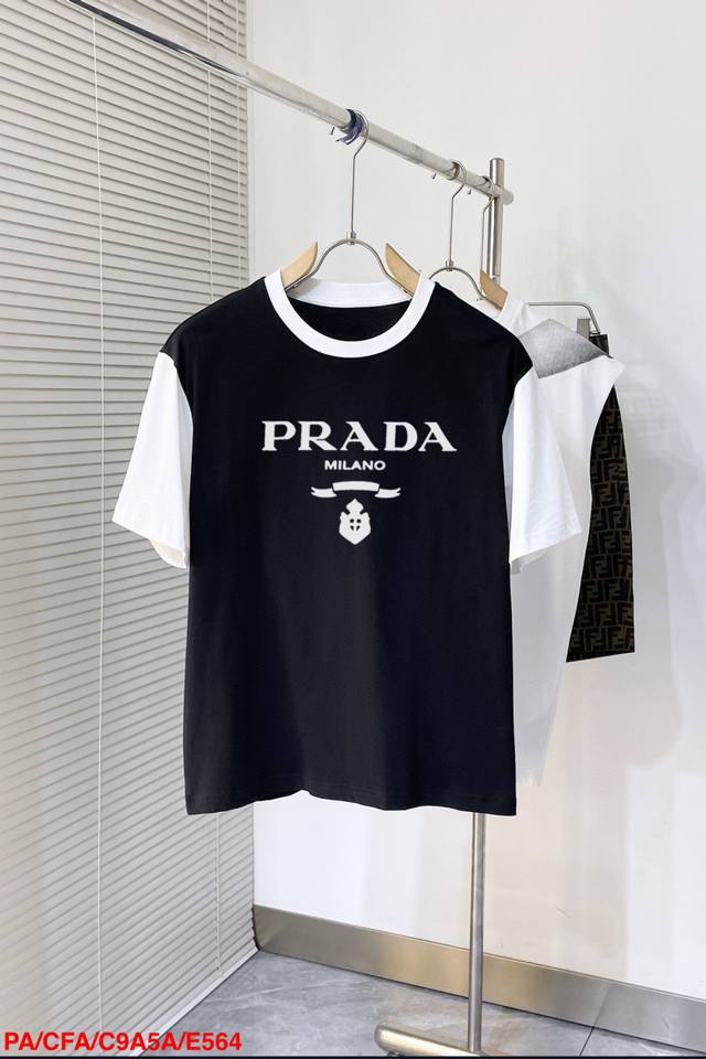 E564 Pa Prada splicing new letter printing double-layer heavy-duty short-sleeved