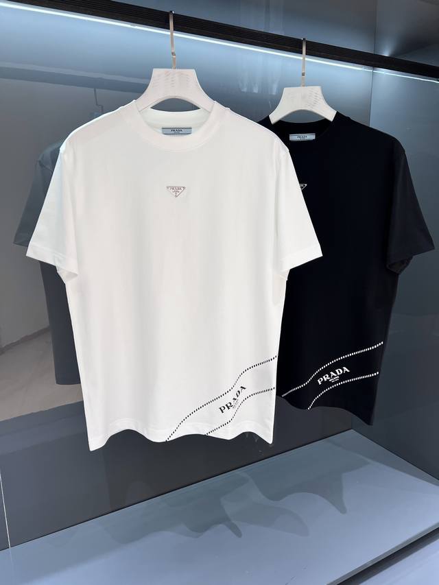 New signature short-sleeved classic print 2025 summer new Pr*Da men's round nec