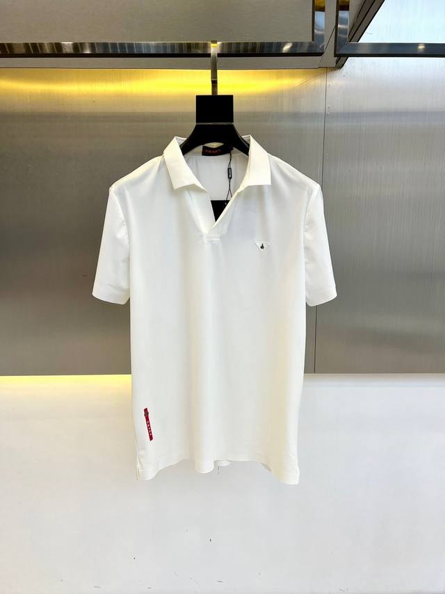 Prad, 25Ss Spring and Summer new top-grade combed cotton seagull V-neck short-sl