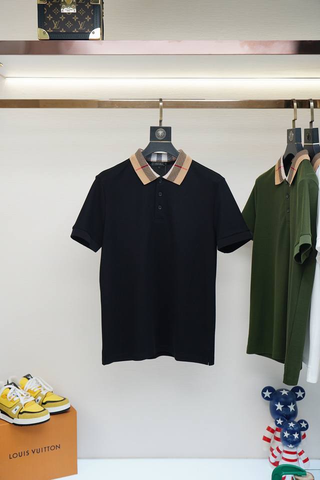 BURBERRY-25Ss Summer new mesh beaded cotton men's business casual short-sleeved