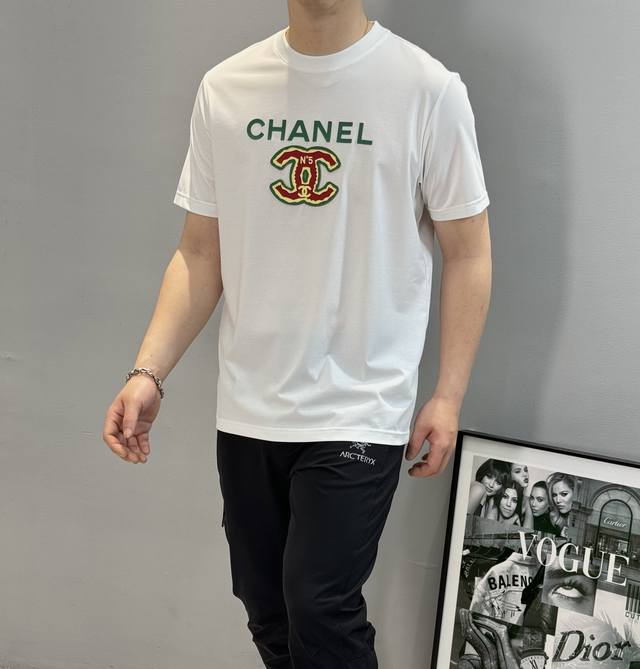 Chanel*25S Summer new round neck short sleeves. Chest heat transfer design. With