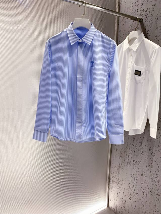 Ami~ Striped heart logo embroidered long-sleeved shirt. Produced by OEM factory