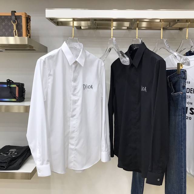 Dio Embroidered Logo Solid Color Cotton Shirt Classic collar, front hidden butto