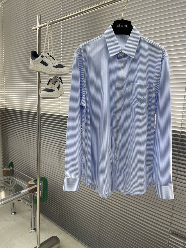 Dio Striped pocket embroidered logo cotton poplin shirt. Concealed button logo s