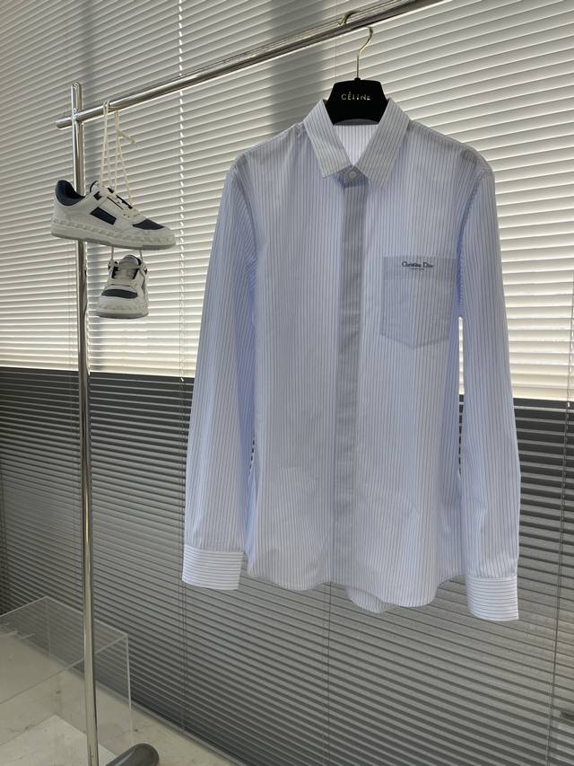 Dio Striped pocket embroidered logo cotton poplin shirt. Concealed button logo s