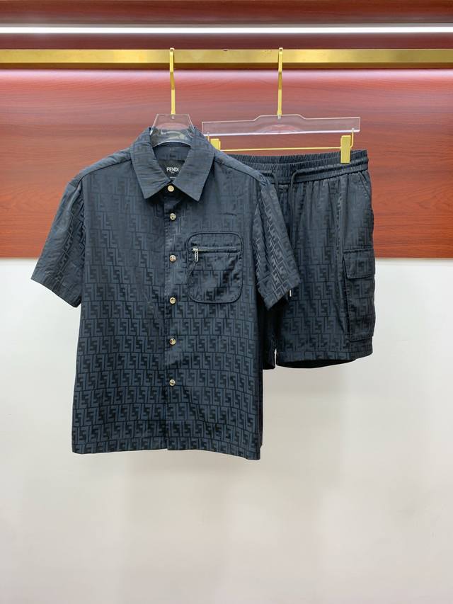 Fendi, 25 men's short-sleeved shirt + shorts set with full letter print. The lat