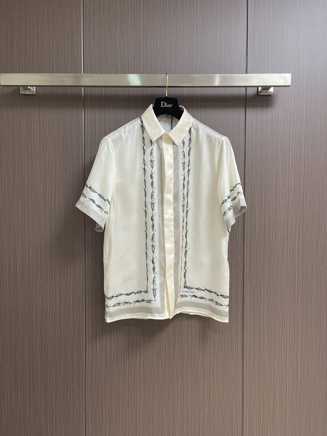 Top Shorts Dior White Silk Twill Lily of the Valley Print Short Sleeve Shirt Sh
