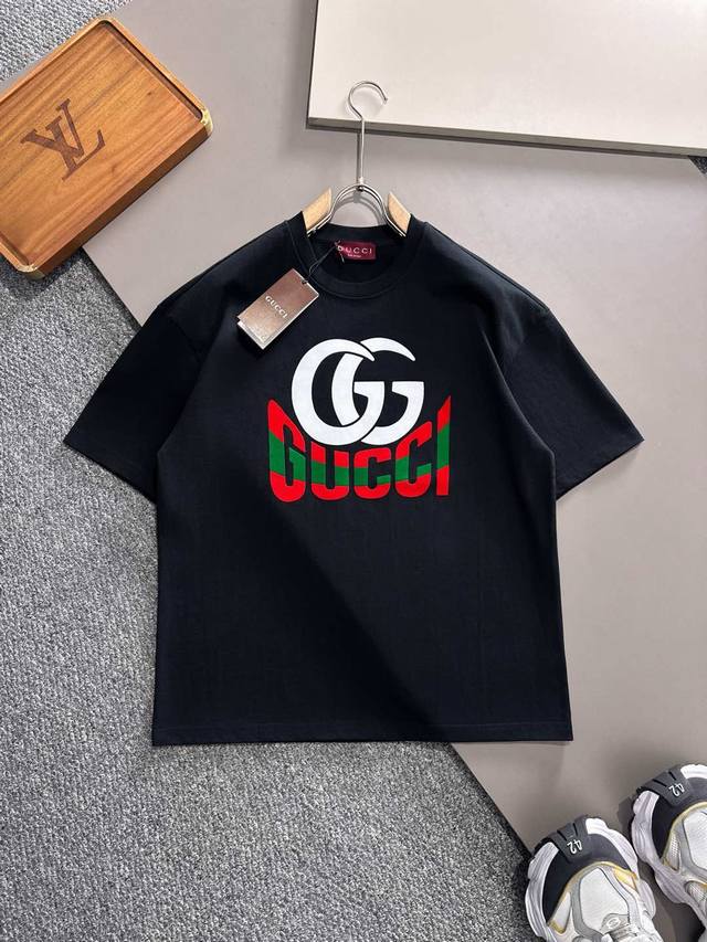 Gu~Double G Logo Color Printed Men's Outline Short Sleeve T-shirt 2025 Spring an