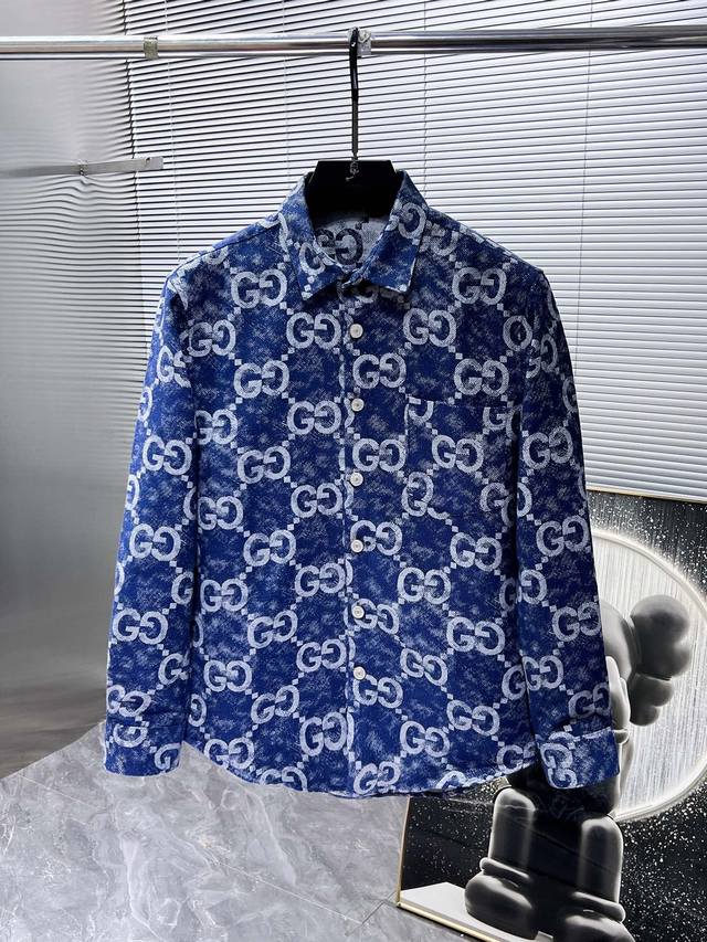 Gucci 2025Ss new men's long-sleeved denim shirt, high-end version! Custom-made f
