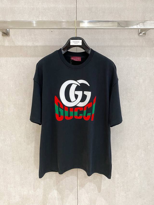 Gu~Double G Logo Color Printed Men's Outline Short Sleeve T-shirt 2025 Spring an