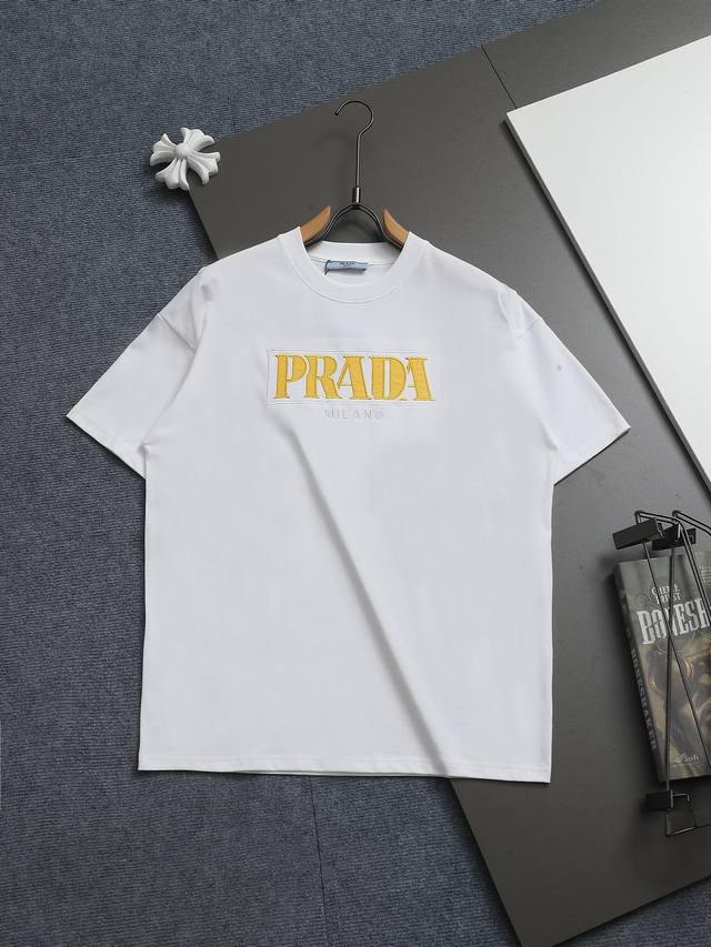 R-9502 Prada 25 new round neck short-sleeved T-shirt, custom-woven high-weight c
