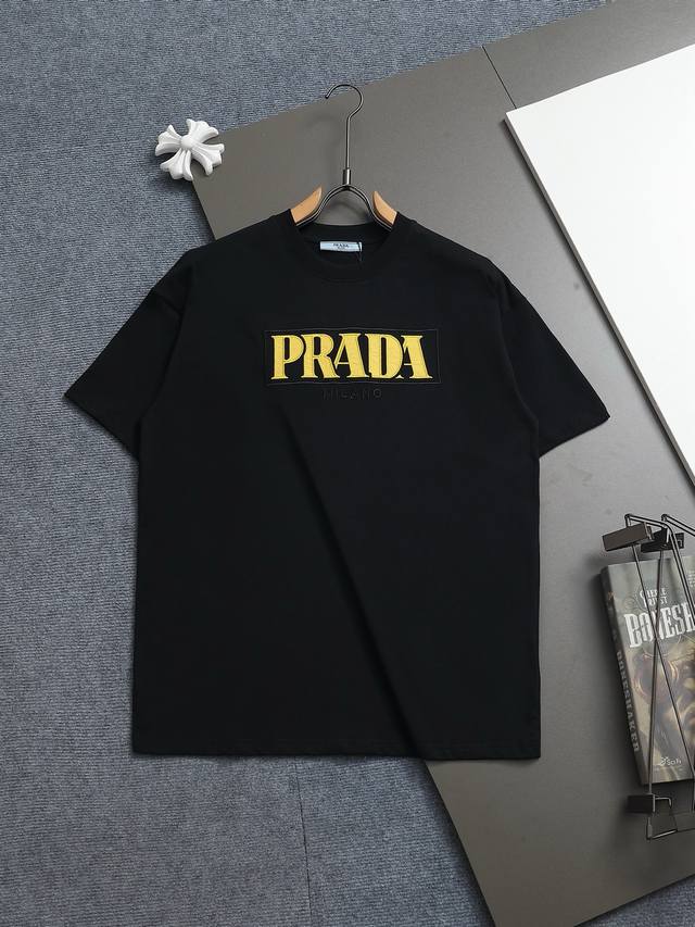 R-9502 Prada 25 new round neck short-sleeved T-shirt, custom-woven high-weight c