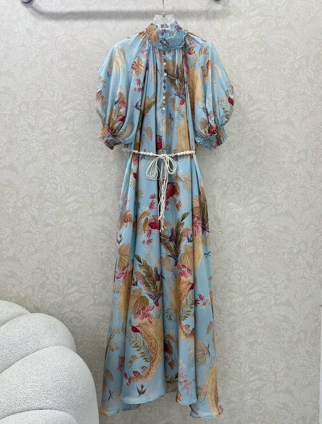 Zimmerm*25 New style puff sleeve feather floral silk dress High-end version Look