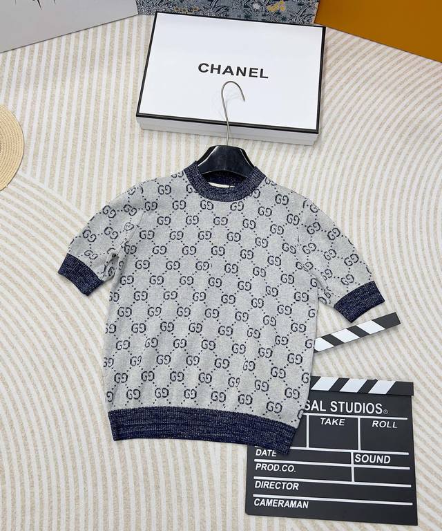 Gucci Gold silk double G round neck knitted short sleeves, German integrated han