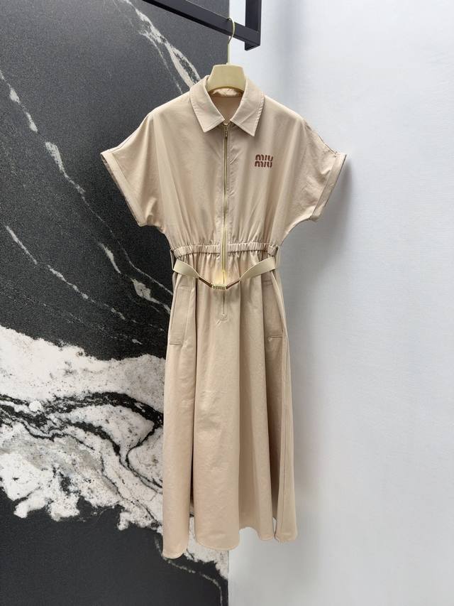Miu 25Ss Spring and Summer New Khaki Cotton Lapel Zipper Waist Short Sleeve Dres