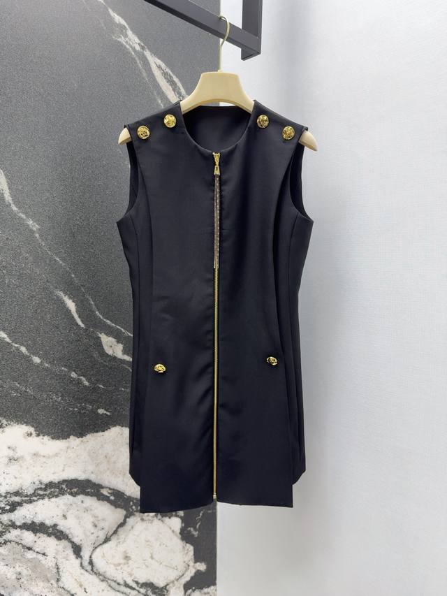 L25Ss Spring and summer new round neck gold button zipper sleeveless dress Singl