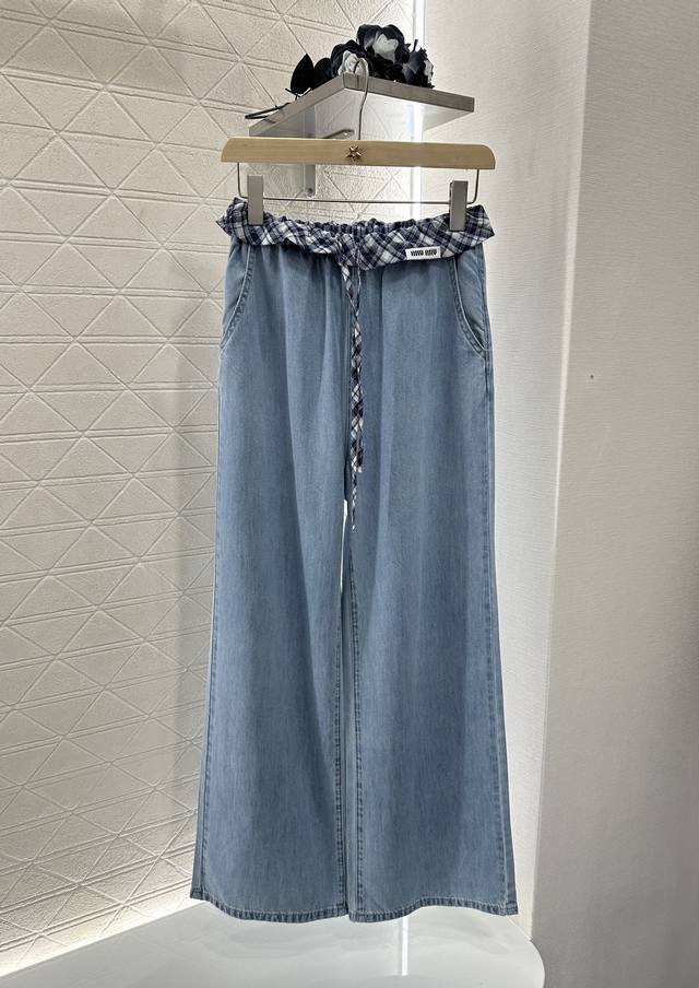 Miumi*2025 New arrivals Drawstring plaid lace denim trousers Customized Yb twill
