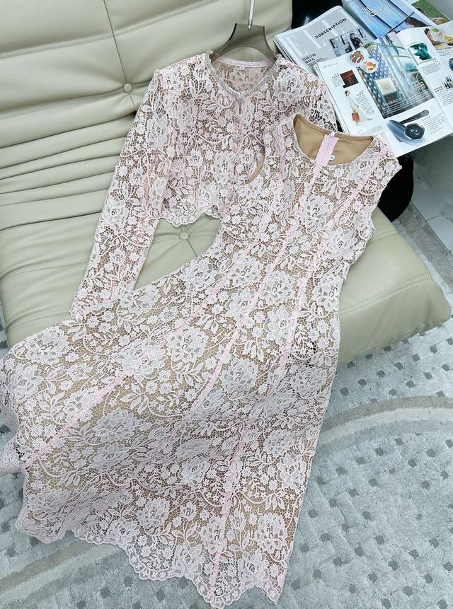 25Ss new soft pink lace sleeveless dress cardigan jacket, customized three-dimen