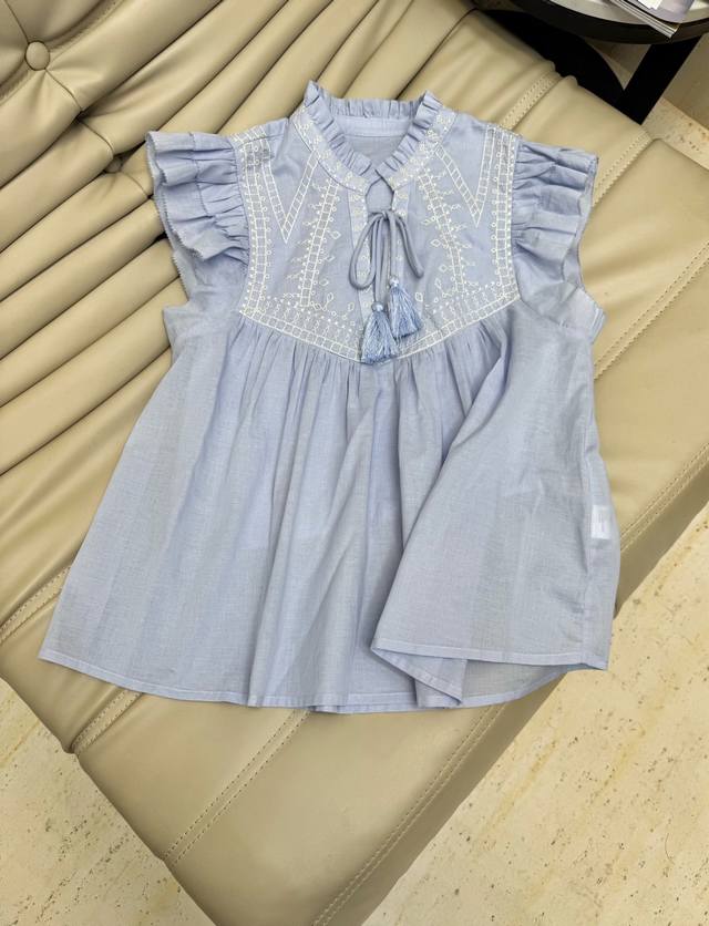 2025 New summer French embroidery ruffled small flying sleeves V-neck lace-up to