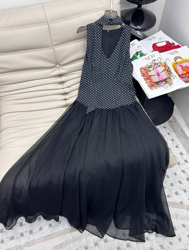 25Ss new sleeveless polka dot waist dress, elegant gauze skirt, with classic ret