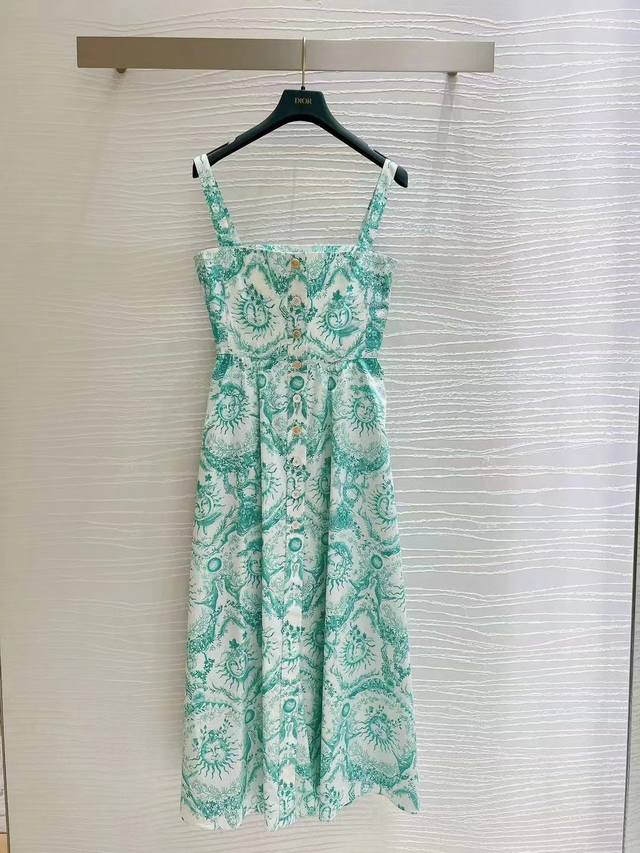 D*Home 24 new refreshing green sun print single-breasted high waist dress healin