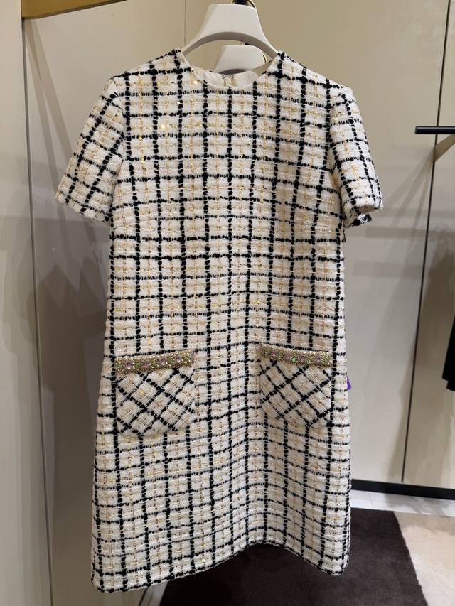 Vplenti* Early spring new tweed plaid short-sleeved dress with micro-element emb