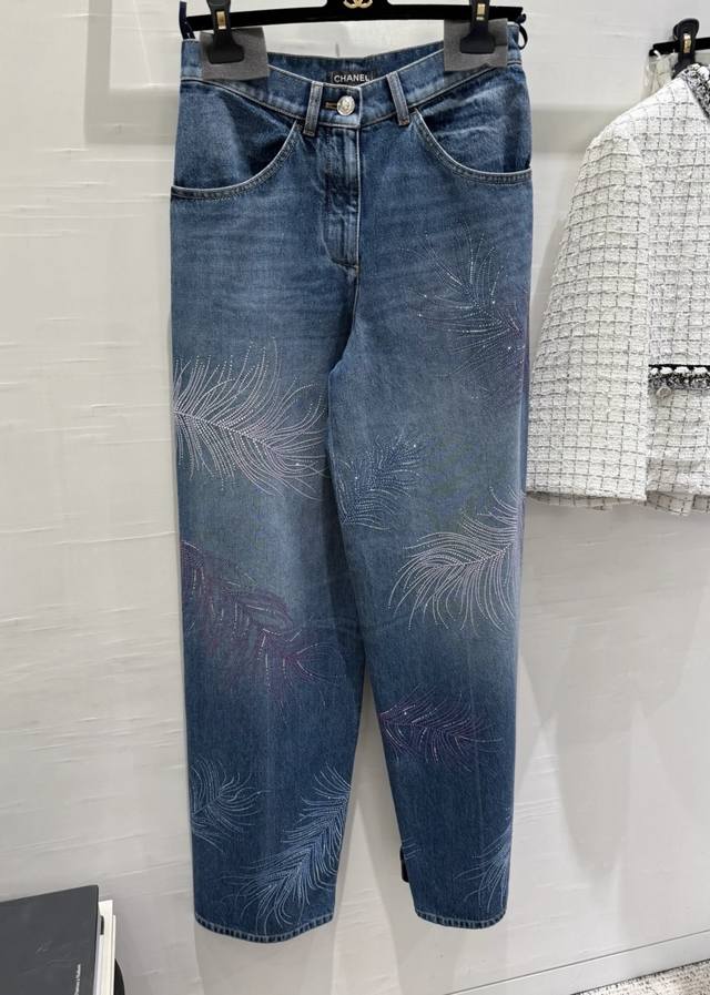 Chpn 2025 new style feather rhinestone rubbed color wide-leg jeans imported deni