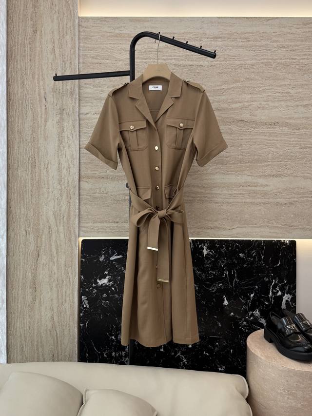 Tf036# New dress Celine 70% acetate short-sleeved multi-pocket work dress carame