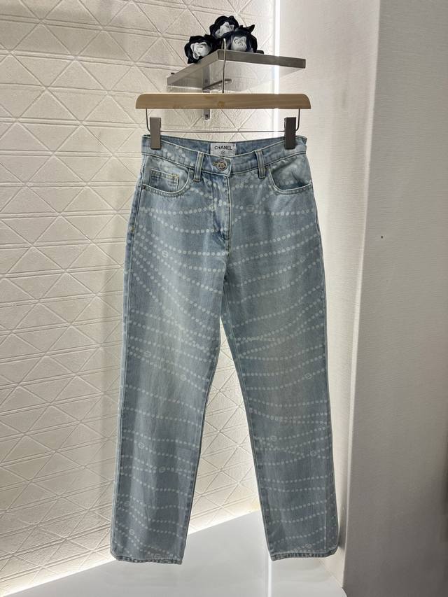 Chane*2025 New arrivals Laser pearl chain denim straight pants Customized Yb twi