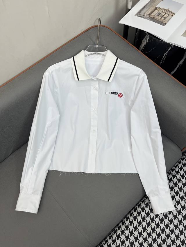 Miumi* 25Ss new style thread collar long sleeve shirt letter embroidery decorati