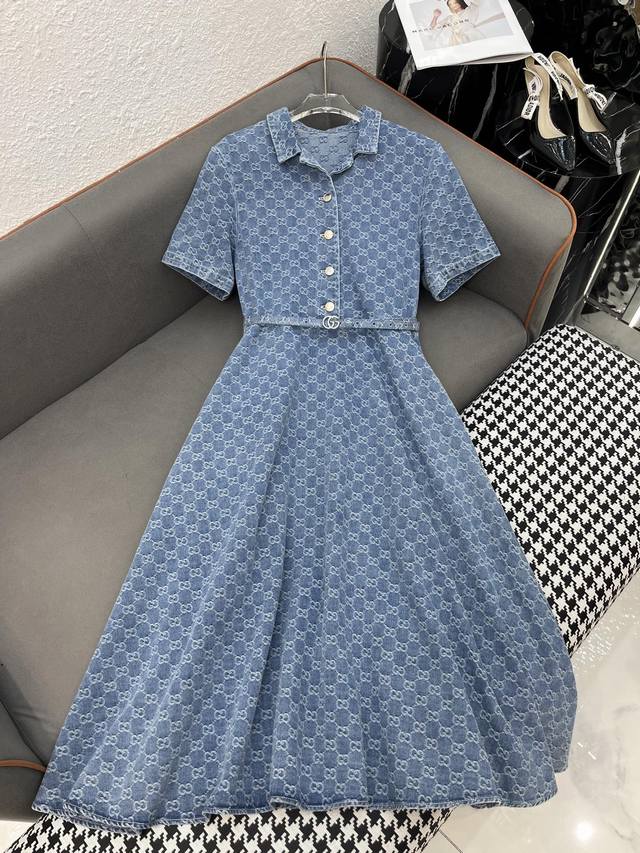 Gucc* 25Ss new lapel denim dress double G jacquard fabric temperament style sing