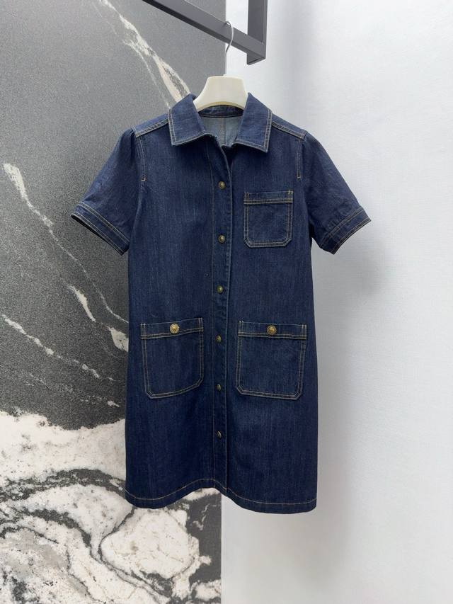 Mc 25Ss New spring and summer retro washed denim dress with leather label on the
