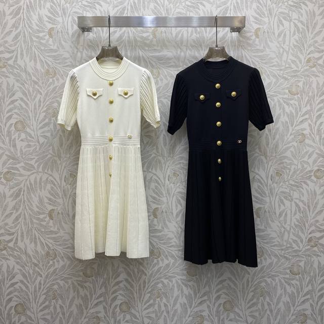 Va25Ss Wool beaded round neck waisted mid-length dress, high-grade fabric, color